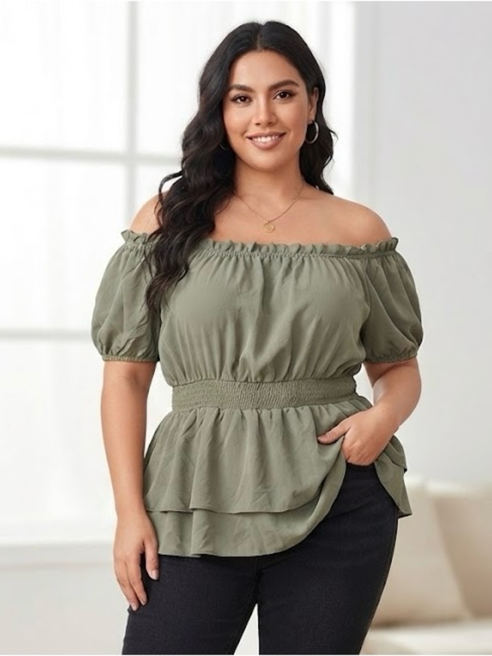 Plus-Size Olive Green Off-Shoulder Peplum Blouse